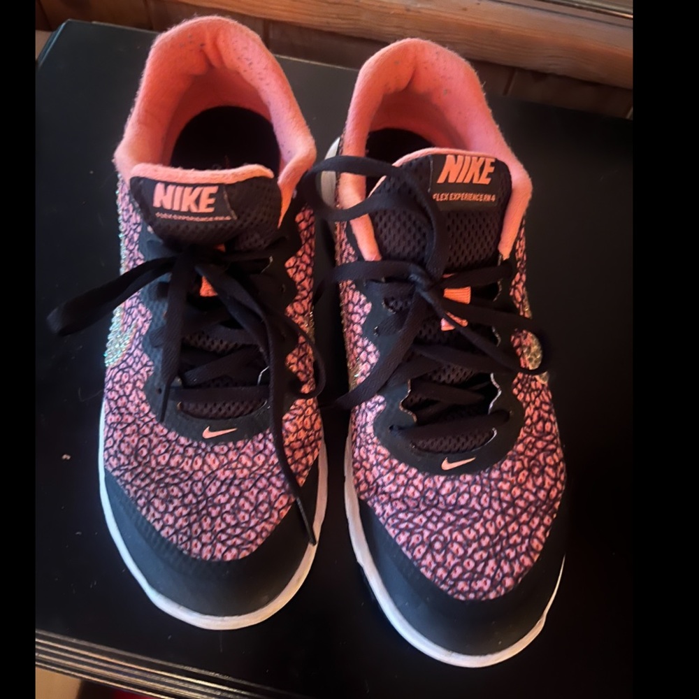 NIKE- Woman’s Custom Nike Sneakers Black & Coral W/ Rhinestone NIKE Swoosh.